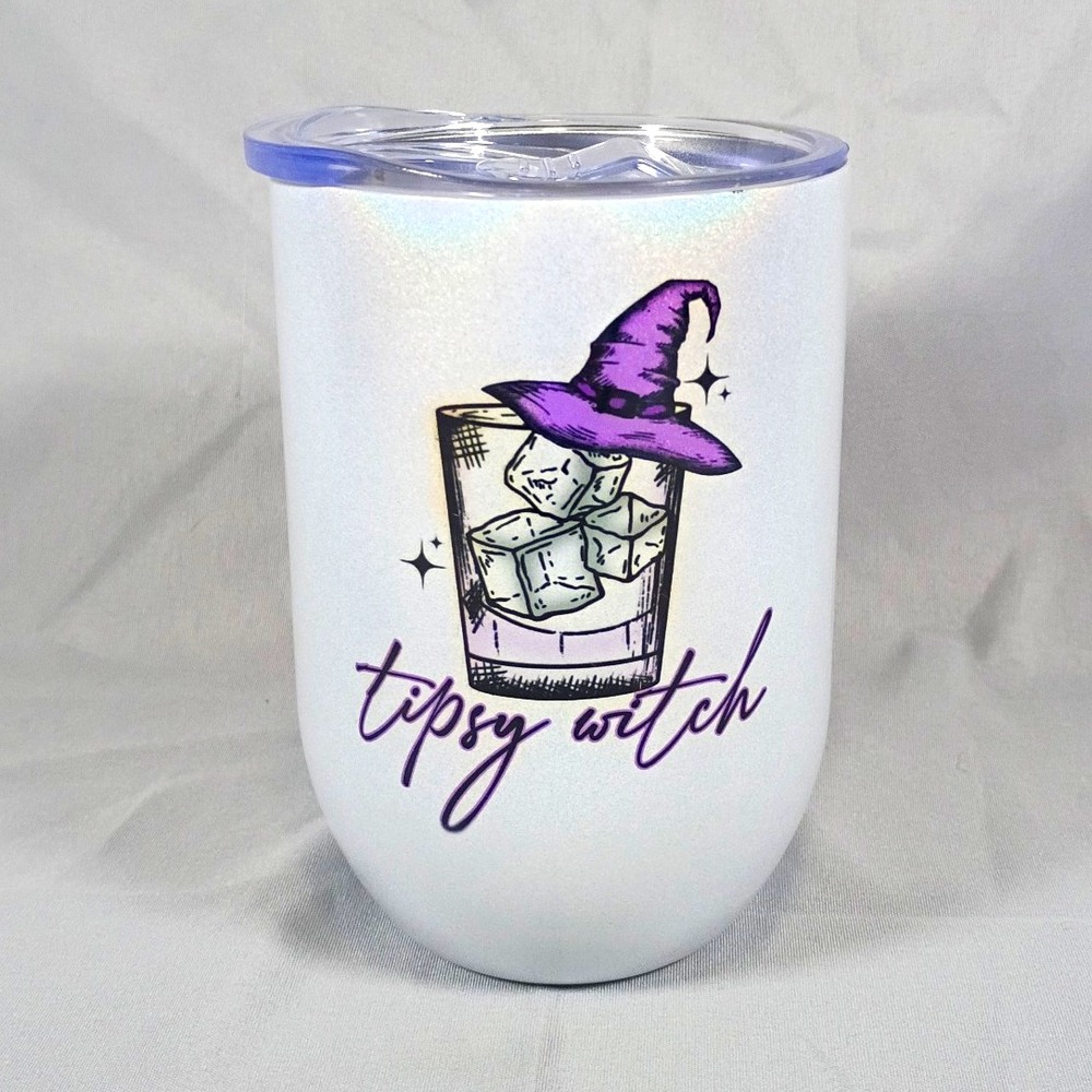Tipsy Witch Halloween Insulated Wine Tumbler Slide Lock Lid White
